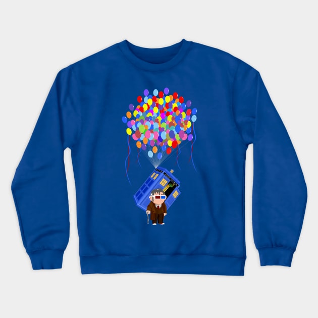 Old 10th Doctor with Flying Baloons blue phone box Crewneck Sweatshirt by Dezigner007